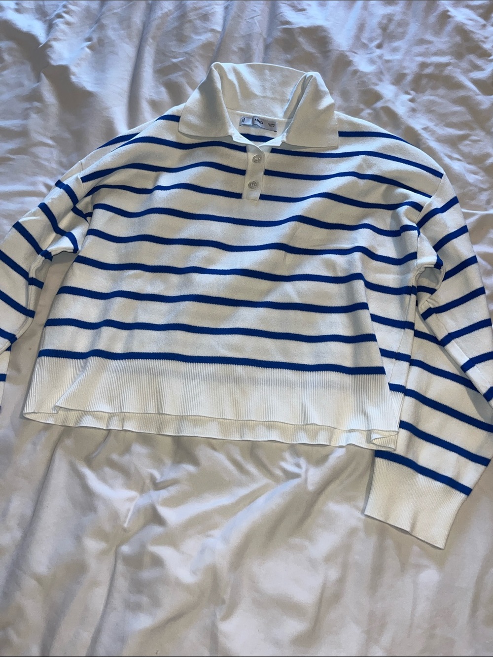 Mango White Polo Neck Sweater with Blue Stripes